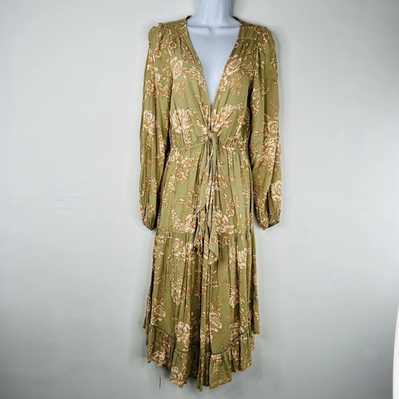 Kivari Lani Front Tie Dress Green Fliral Keyholw Midi High Low Smocked Ruffle - Picture 4 of 10